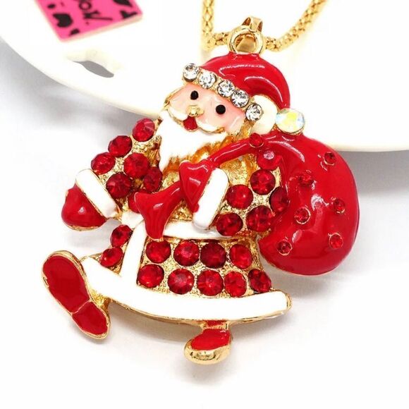 unbranded Jewelry - Red Enamel Santa Christmas Crystal Pendant Necklace NWOT
